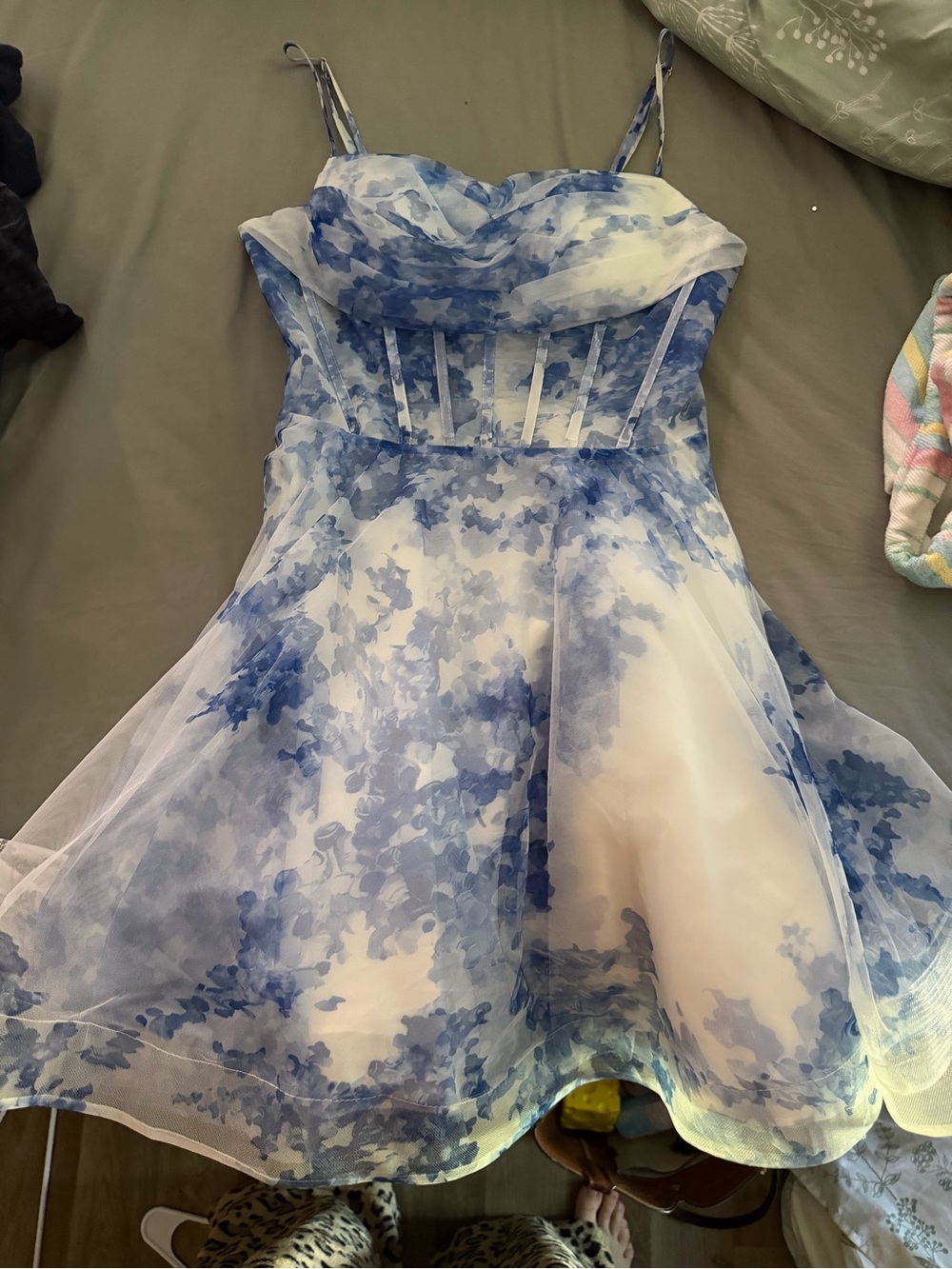 Blue Floral Strap Dress with Corset Bodice